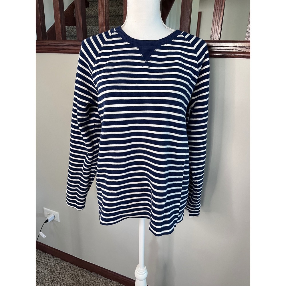 Lands End Womens Navy Blue White Striped Waffle Knit Long Sleeve Top Shirt